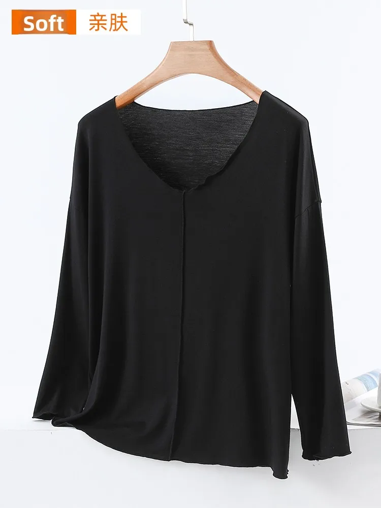 Afslankeffect Pure Color Modal Long Sve T-shirt Dames Herfst Dunne losse basis irt Casual plus size top