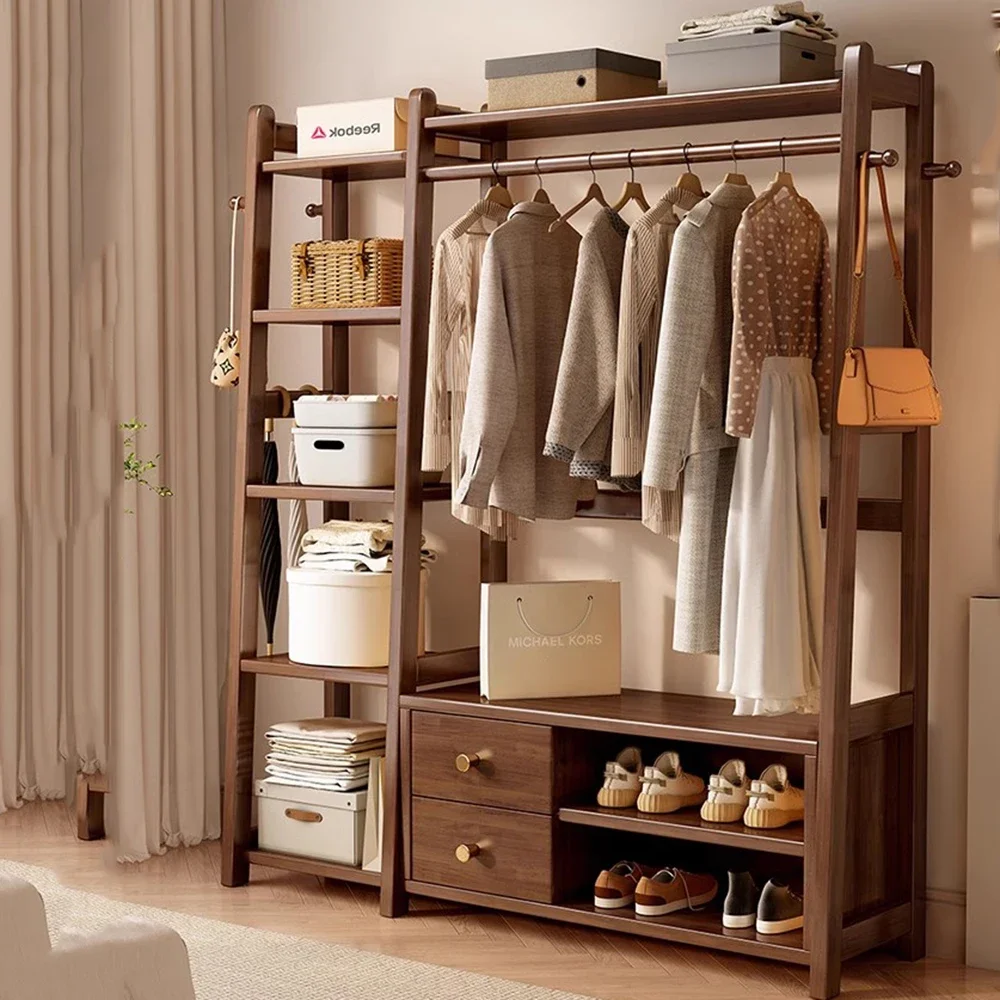 

Aesthetic Heavy Duty Wooden Clothes Rack With Drawers Modern Boutique Storage For Men Bedroom Luxury Decoration Home Accessories