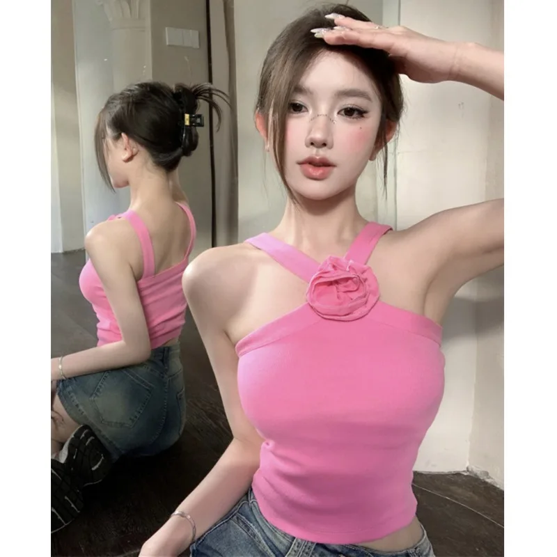 Streetwear Sweet Hot Style Pink 3D Flower Sleeveless Off Shoulder Halter Tank Crop Top Women Summer Sexy Slim Inner Corset Tops