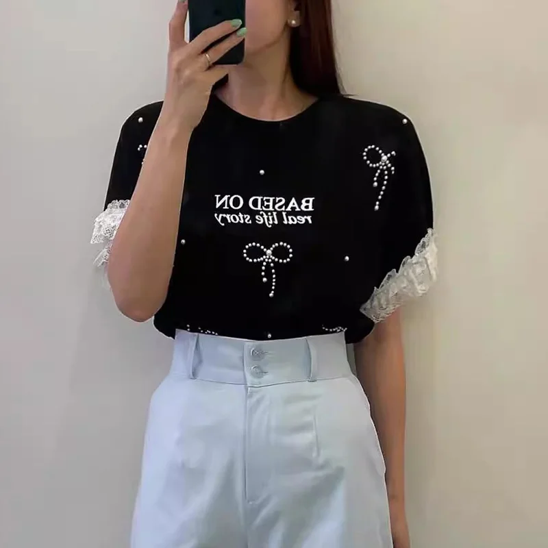 

Новые корейские шикарные женские футболки, летняя ретро-лук с бантом, украшенная бисером, кружевная футболка с короткими рукавами и надписью для женщин
