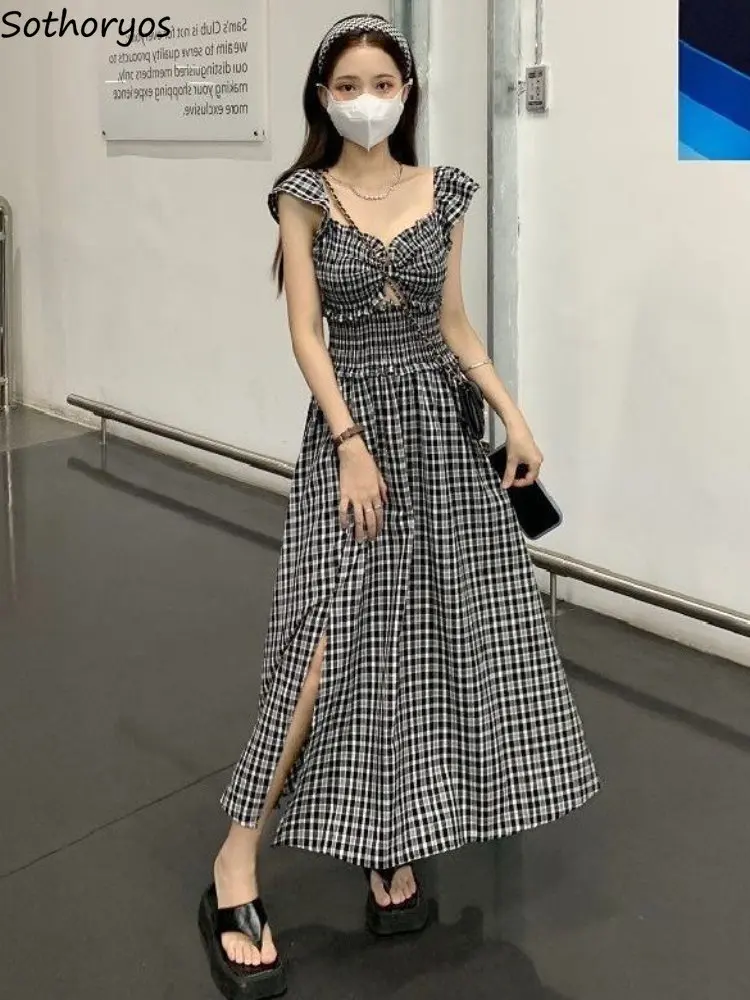 Dresses Women Plaid Creativity Personality Simple Ladies Korean Style Comfortable All-match Elegant Temperament Summer Vacation