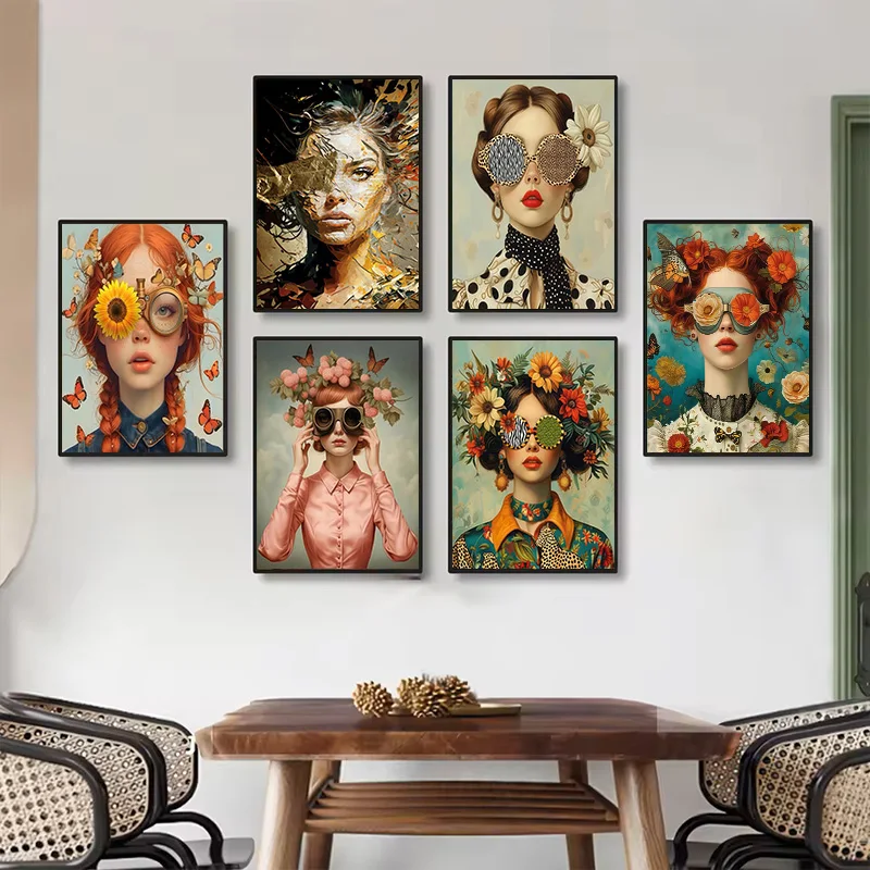 Gafas abstractas nórdicas, flores, mujer, arte de pared, lienzo impreso, pintura de flores, mariposa, cartel de chica, decoración moderna para el hogar y la sala de estar