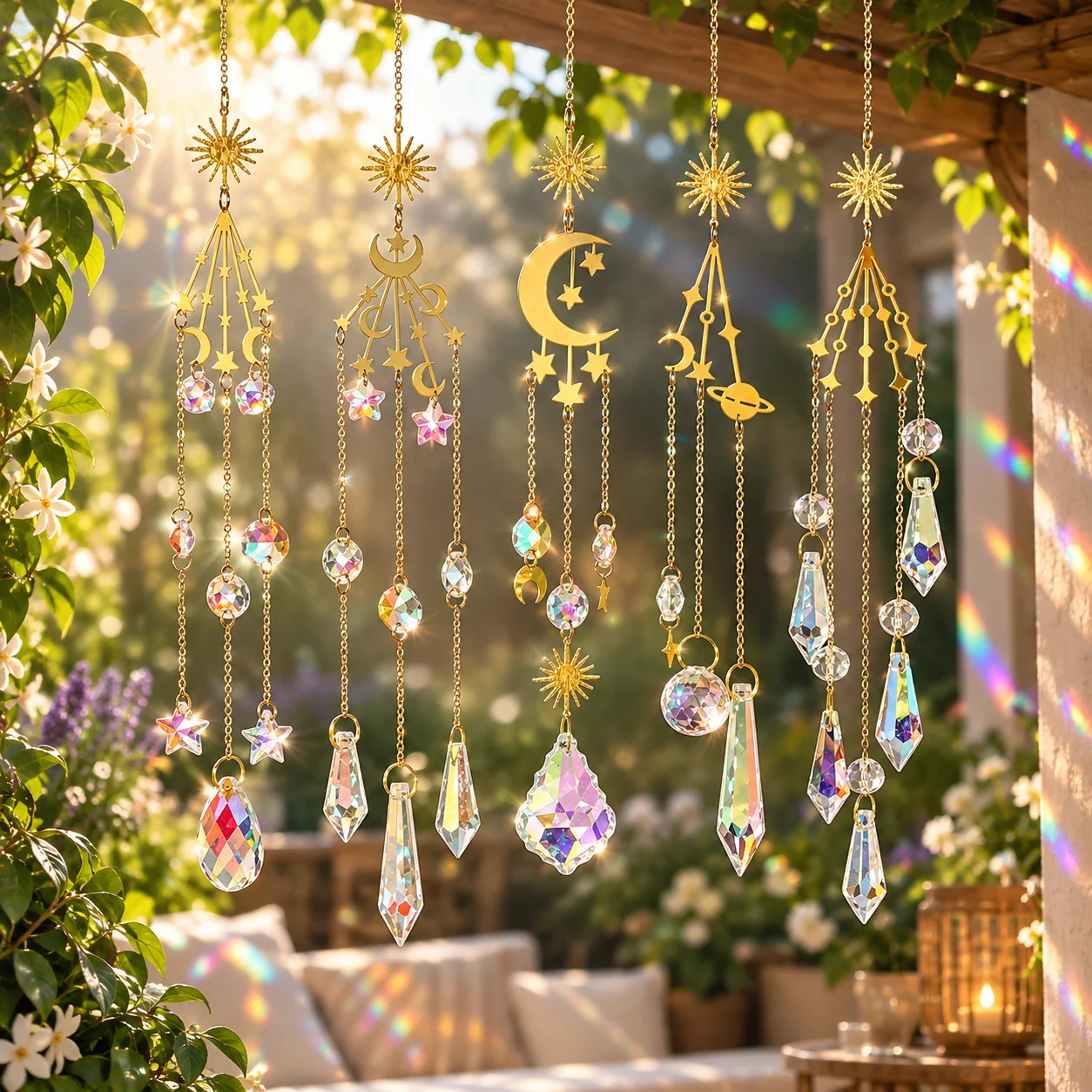 Celestial Sun Moon Star Planet Crystal Sun Catcher, Rainbow Prism Hanging Suncatcher Pendant, Tassel Window Home Garden Decor Gi