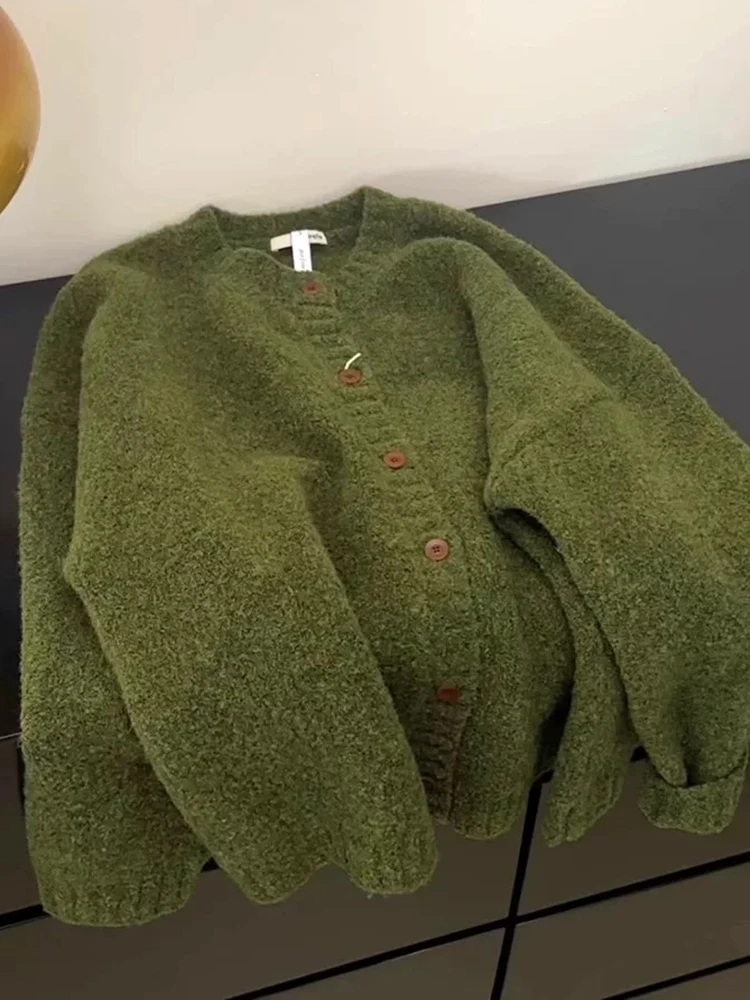 

Vintage Forest Green Knit Cardigan Thick Cozy Oversized Sweater Embroidered Detail Lazy Jacket Retro Autumn Outerwear