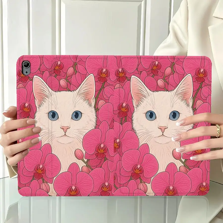Red Rose White Cat With Pencil Holder Case for Xiaomi Pad 5 6 7 8 Pro Pad 6s Pro 7 Ultra Redmi Pad SE K Pad 8.8 9.7 12.4 Inch