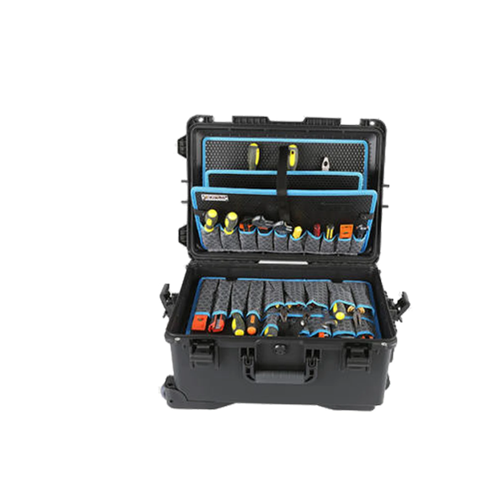 

Прочный кейс для инструментов на колесах – Водонепроницаемый мобильный ящик для инструментов – Большая вместимость и вставные панели – Для дрелей, отверток и рулеток
