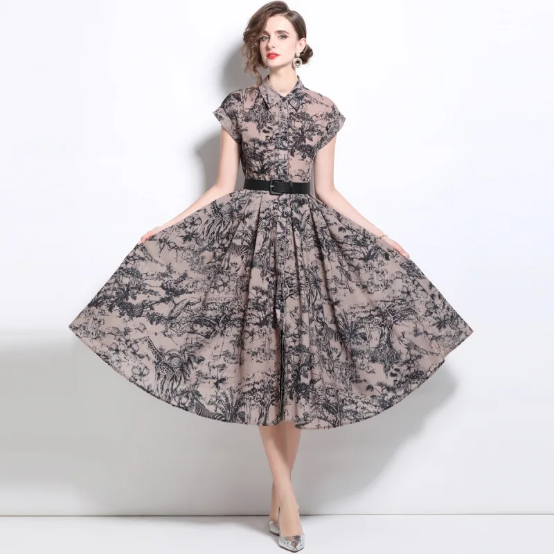 Sommer 2025, Kragen, bedruckt, ort Sve Dr, hohe Taille, A-Linie, Street Sle Thi, Stoff, Paar Dr