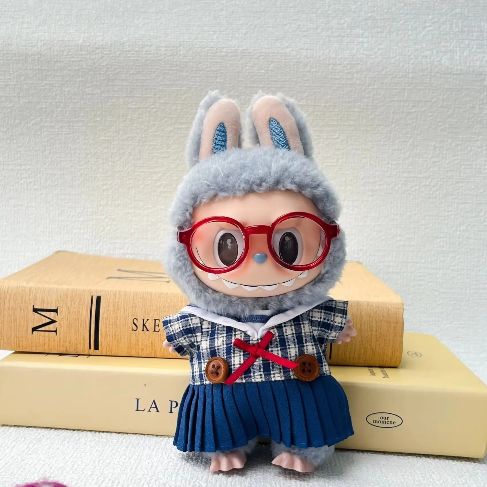 

School Style LABUBU Outfits Boys Vest With Red Bow Tie Girls Plaid Skirt Set With Glasses Fits 15/17cm 1st 2nd 3rd Gen Dolls