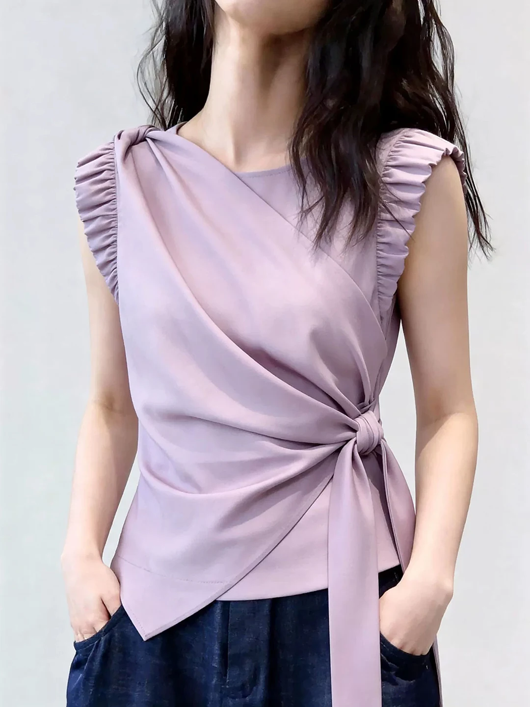 

Elegant Purple Asymmetric Sleeveless Shirt Women's Fashion Slimming Waist Design Bow Tie Top Gentle Style Midi Length