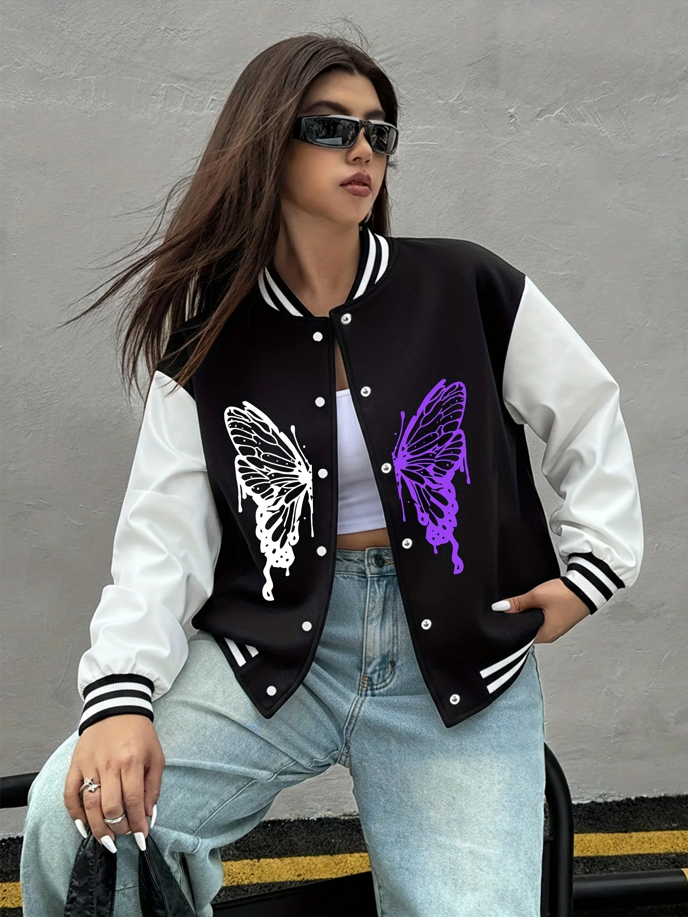 White Purple Spliced Butterfly Print Women's Autumn and Winter Baseball Jacket, Casual Street Style Women's Winter Warm Jacket
