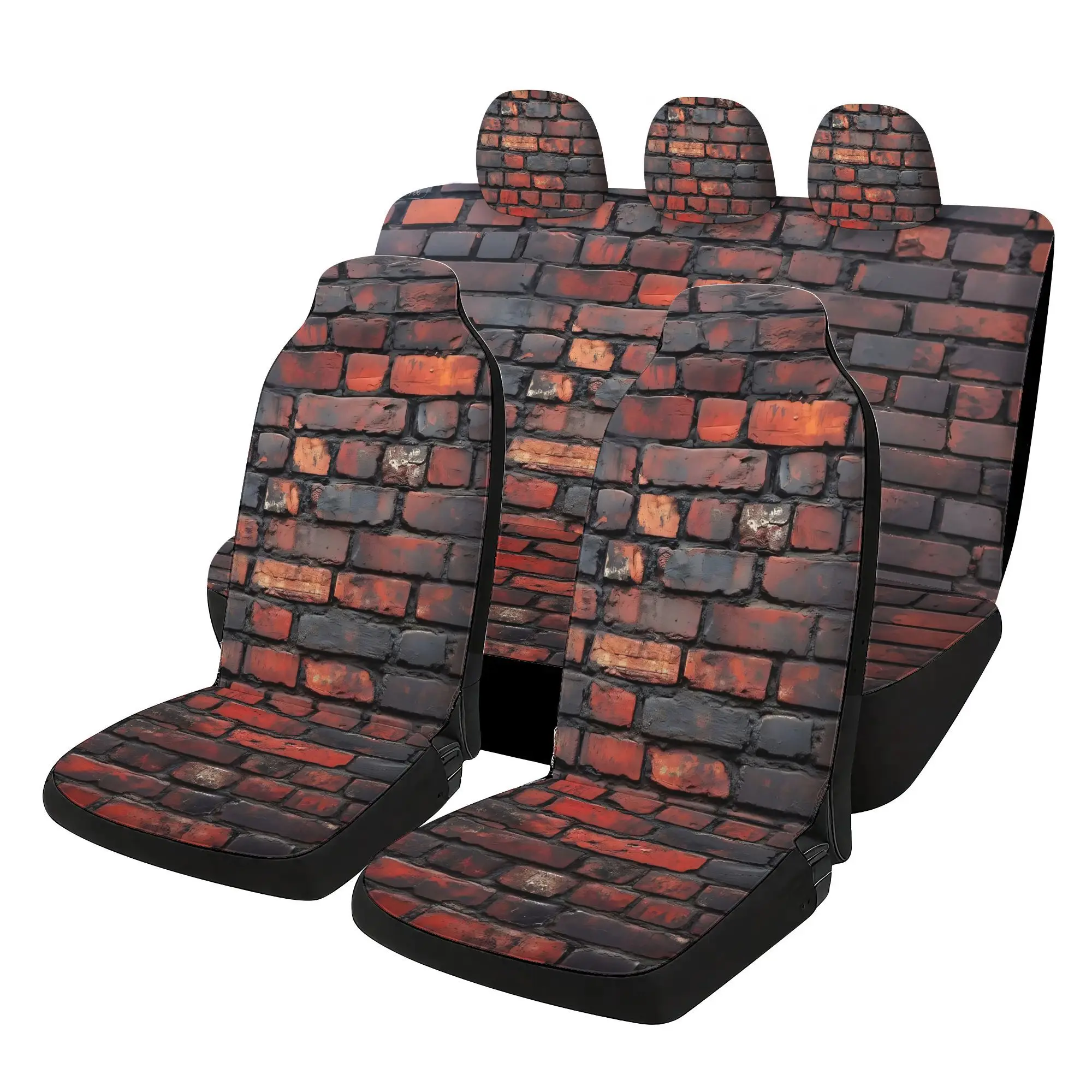 Red Brick Wall Pattern Car  Covers Set - 7pcs, Including 2 Front  Covers + 1 Rear  Back Cover + 1Rear  Cover + 3