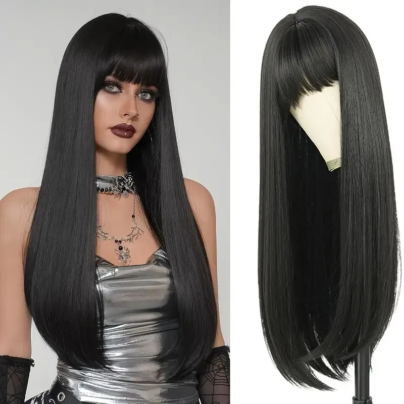 

Full Head Wig Long Straight Hair with Bangs in Gradient Pink and Black Color Suitable for Daily Use Synthetic Wig
