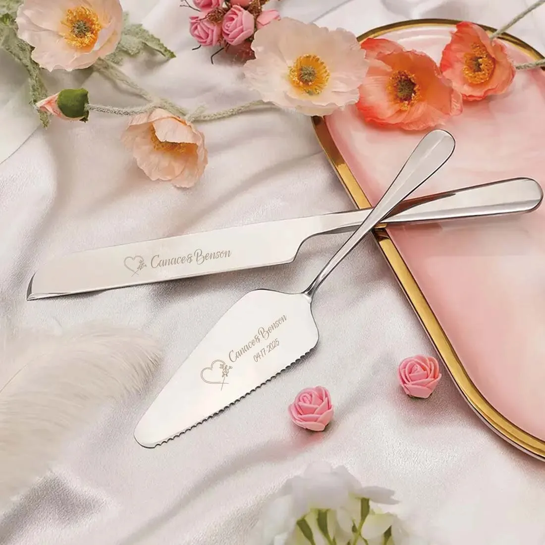 Heart Pattern Custom Engraved Cake Cutting Set, Personalized Names Date Cake Knife Server, Wedding Reception Souvenir Gift