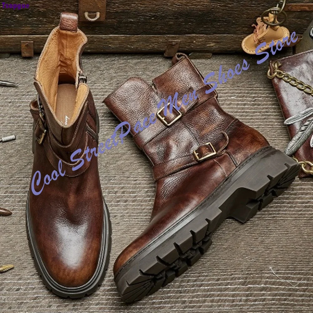 Men Distressed Brown Leather Double Buckle Ankle Boots Streetwear Riding Retro Short Boots Men Daily Outdoor 2026 New Arrival