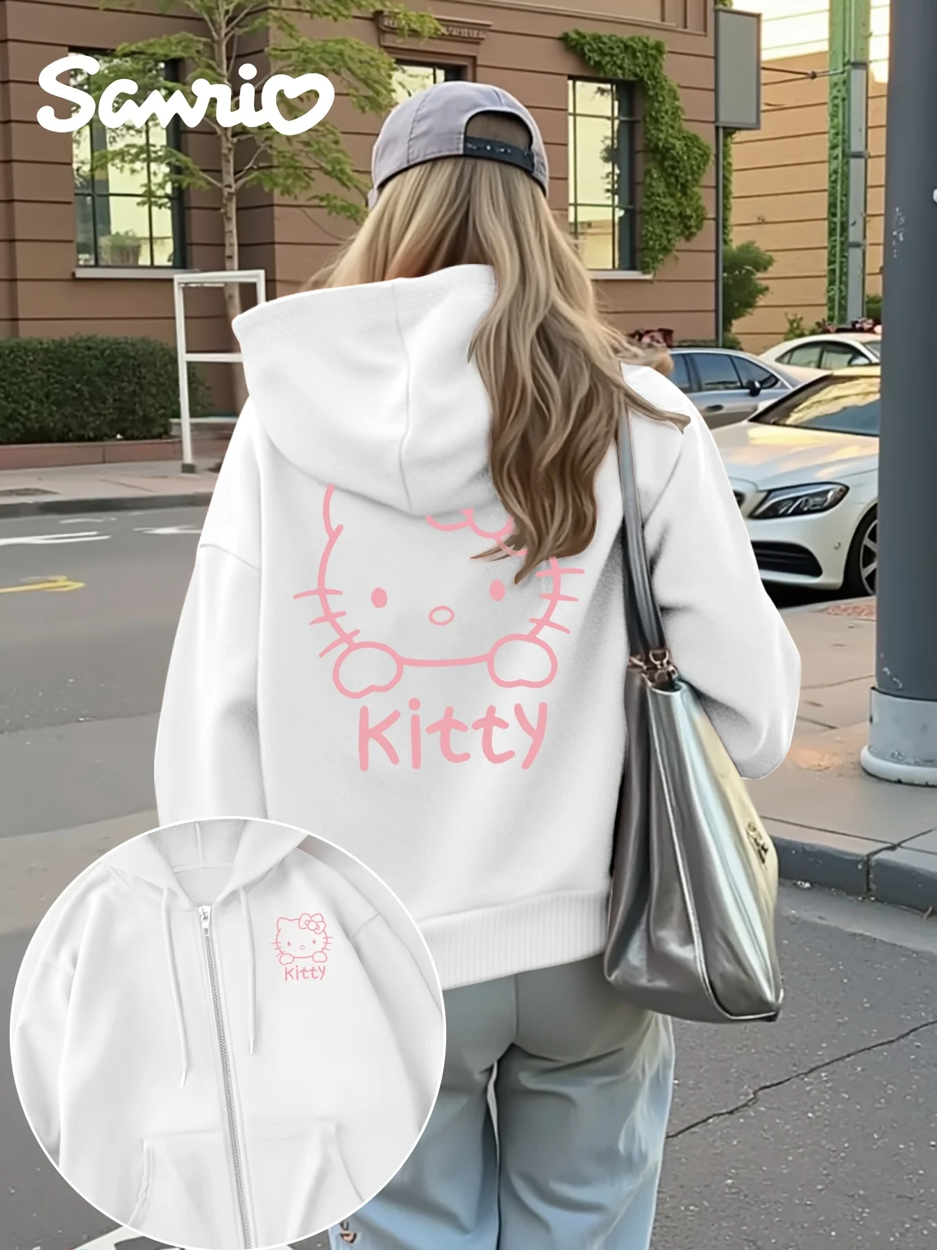 Sanrio Hello Kitty Kuromi related Musterdruck weicher Reißverschluss mit Kapuze lässiges lockeres Sweatshirt Goth Streetwear Damen Hoodies