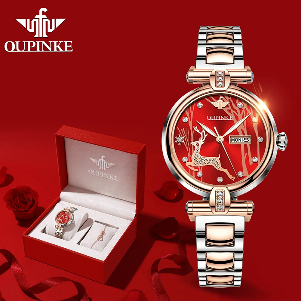 OUPINKE Women's Wrist Watch Automatic Mechanical Watch Luxury Watches For Ladies Week Date Red Dial Fashion Style 3180