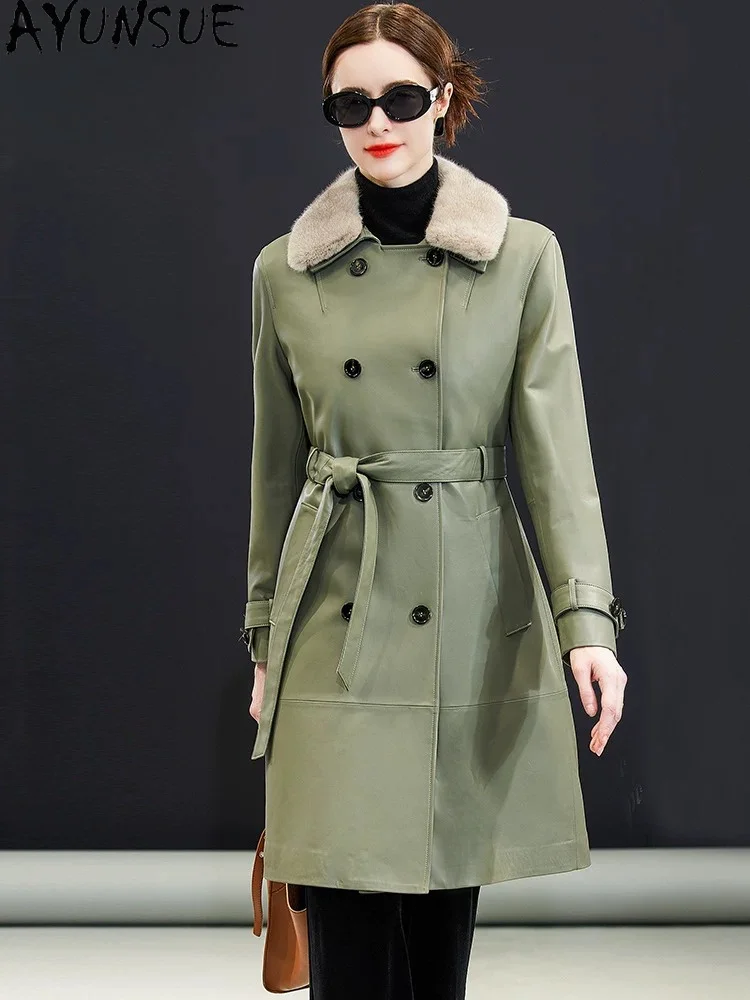 AYUNSUE Natural Sheepskin Real Leather Jacket Women Winter Down Jackets Long Trench Coat Woman Warm Mink Fur Collar Detachable