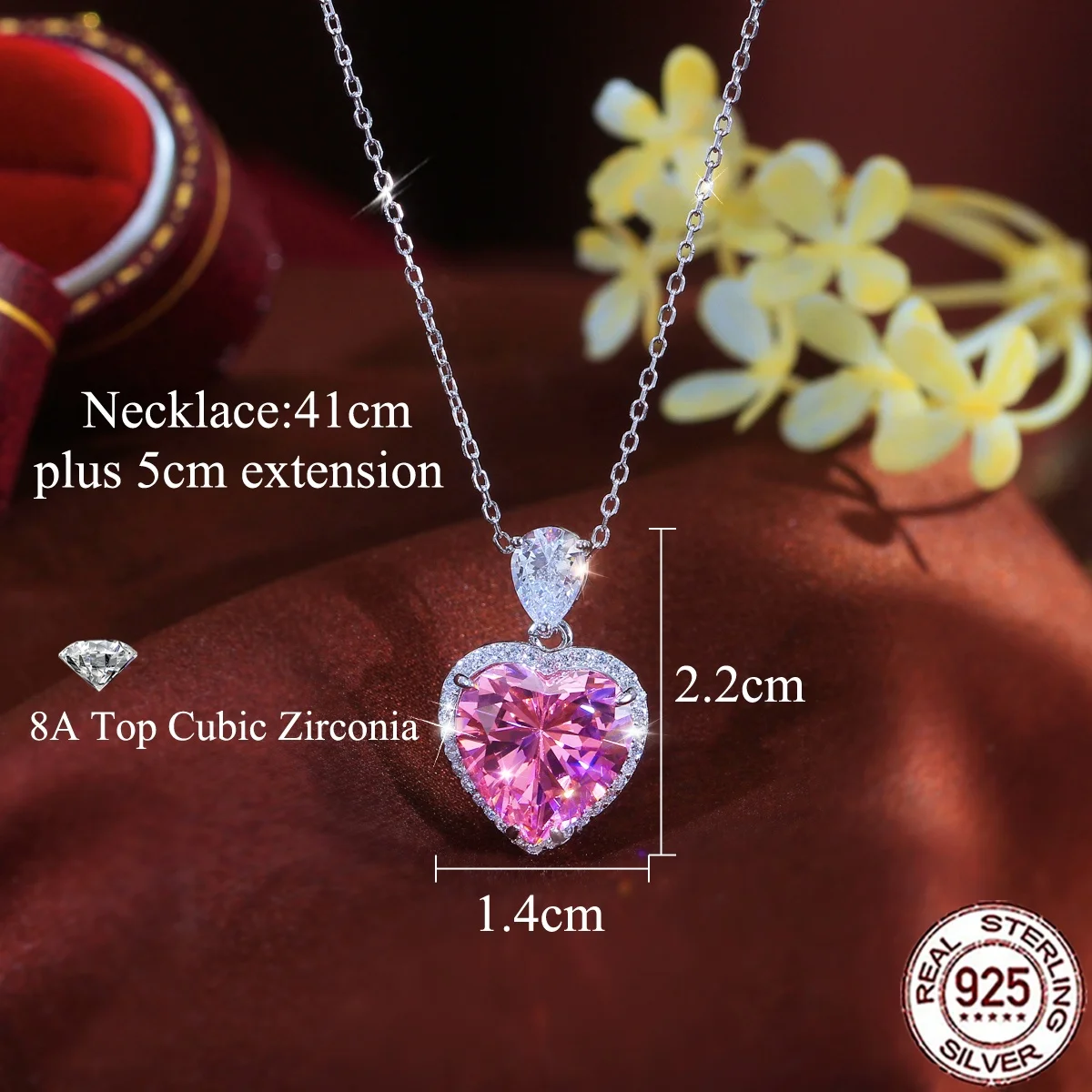 QooLady 925 Sterling Silber Herzförmige Rosa CZ Anhänger Halskette Glänzende Kette Jubiläums-Geburtstagsgeschenk für Sie SD081 – Detail 3
