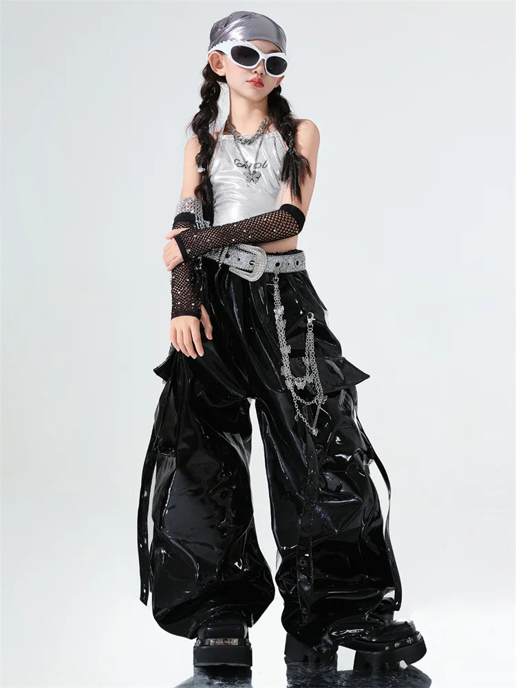 ملابس رقص الجاز الفتيات الفضة المنشعب القمم السراويل الجلدية السوداء الهيب هوب أداء ارتداء الحفل المنصة المرحلة البدلة