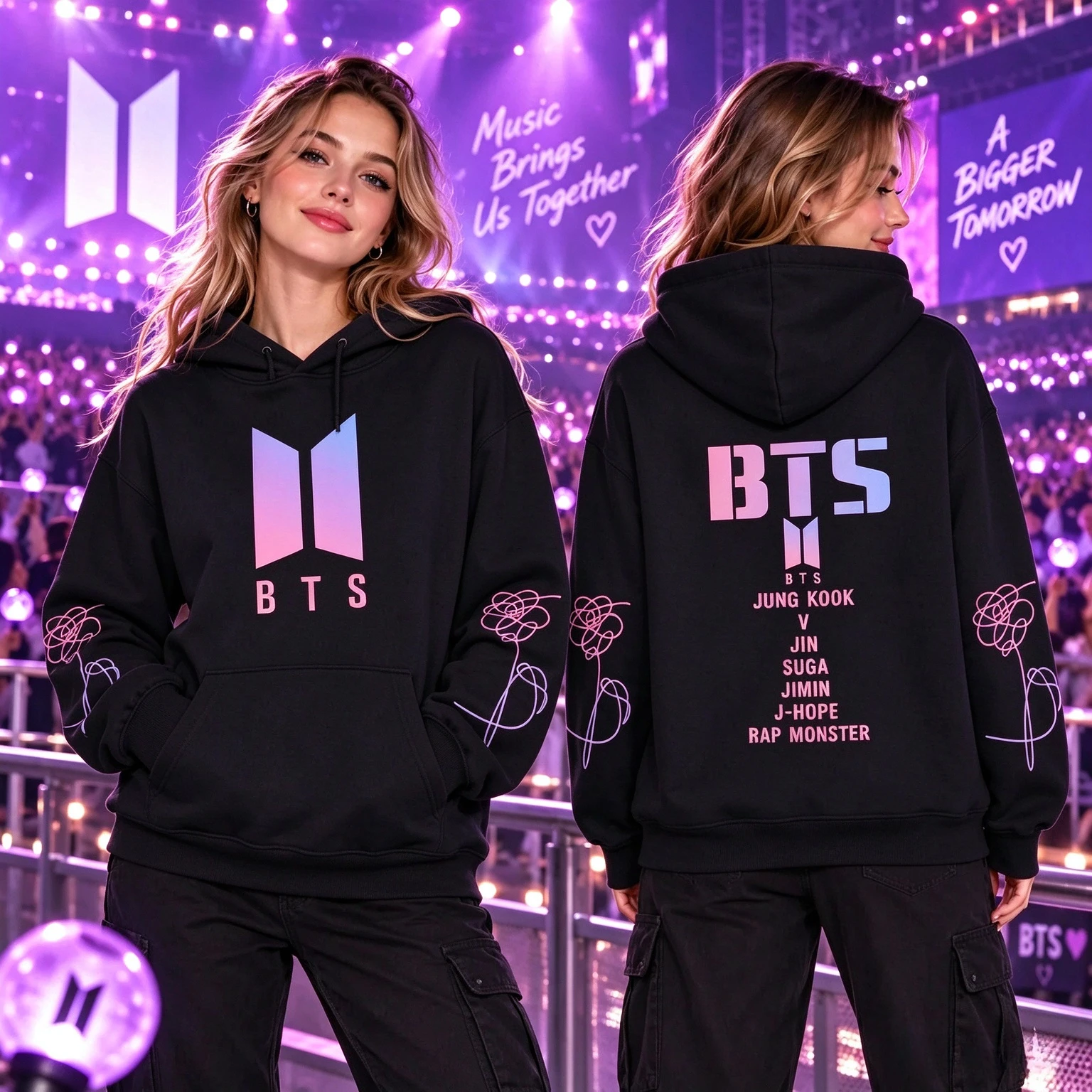 2026 BT21 Member List Hoodie Gradient Logo Front and Back Printed Neutral Kpop ARMY Fan Pullover Y2k Ins