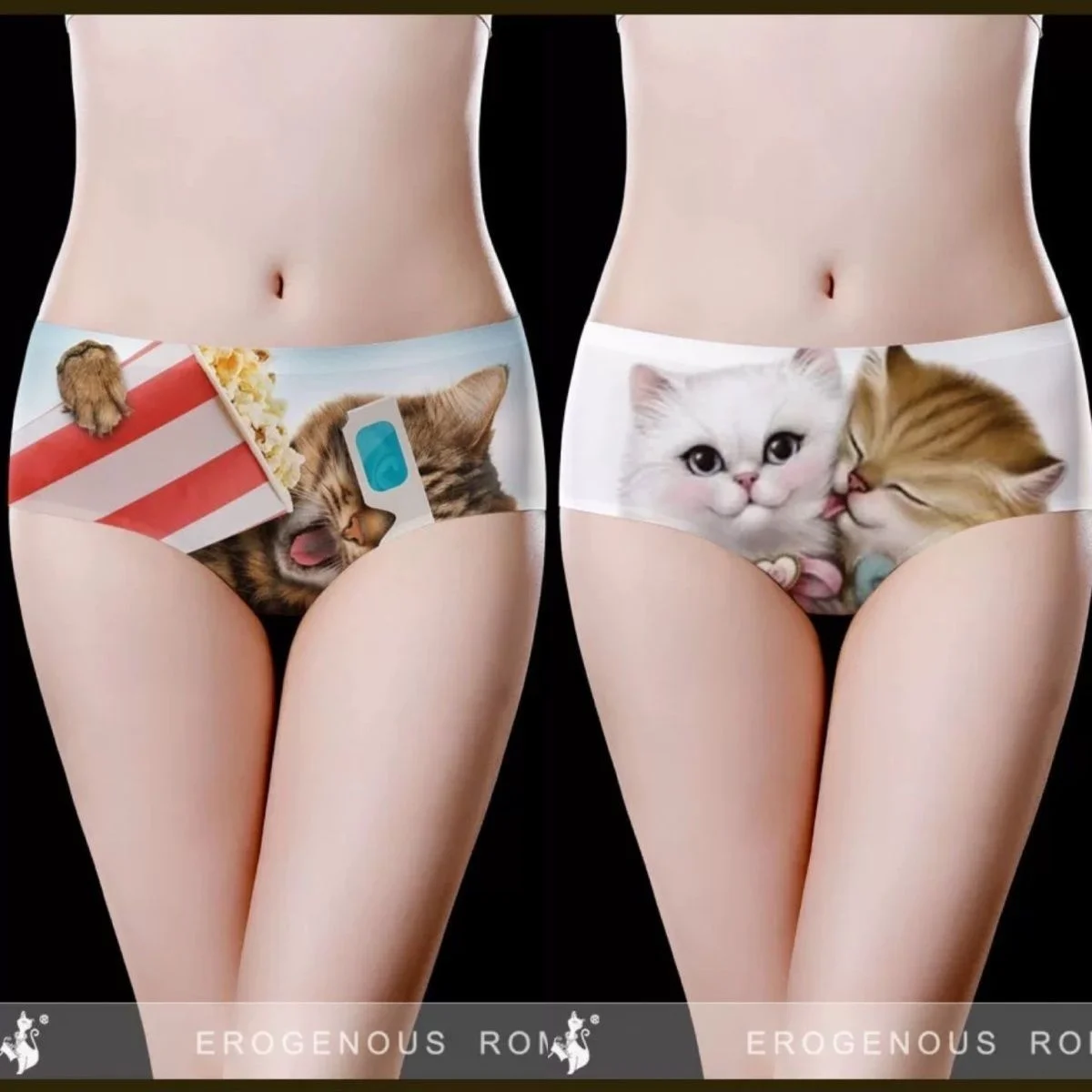 Ice Silk Cat Seamless Panties Summer Women\'s Underwear Cartoon Printed Underpanties Half Boxer Lingerie Mid-Waist Briefs