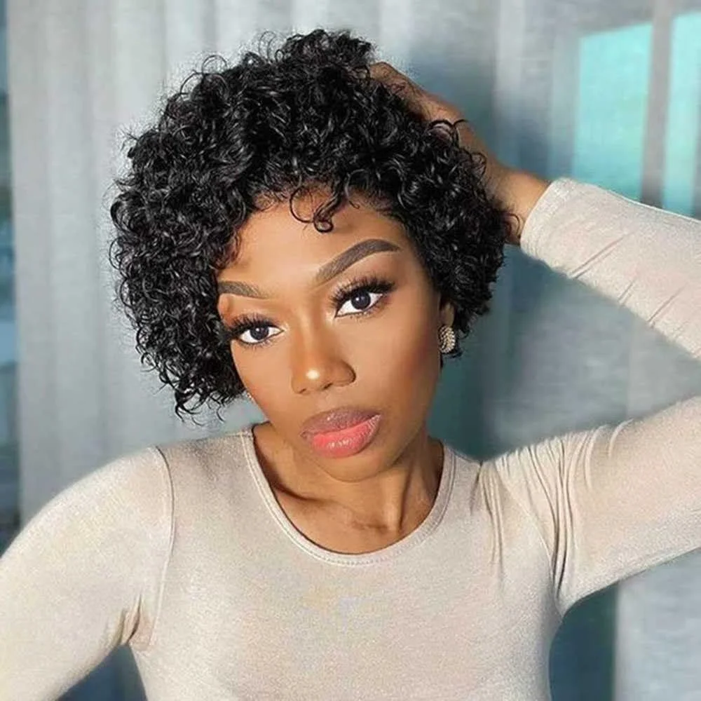 Short Kinky Curly Fluffy Pixie Cut Human Hair Wigs With Bangs No Lace Front Bob Female Wigs Full Machine Made for Black Women