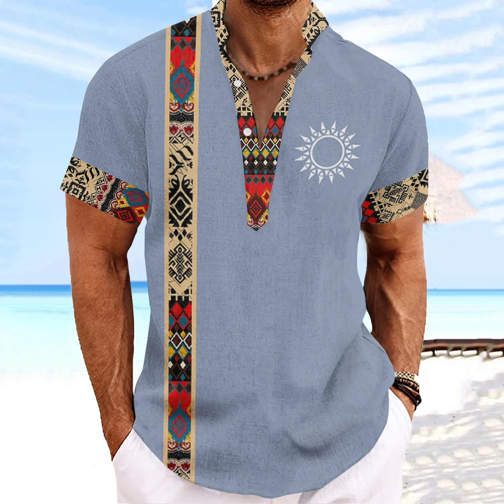 Vintage Henley Men T-Shirt Ethnic Streetwear For Male 3d Tribal Style Clothing Oversized Short Sleeve Top Summer Hawaiian Shirts