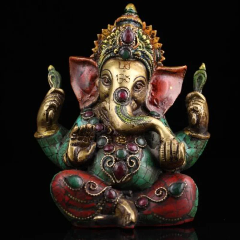 5.9 Inch Old Tibetan Pure Copper Hand-Inlaid Gold Elephant Luggage Buddha Statue