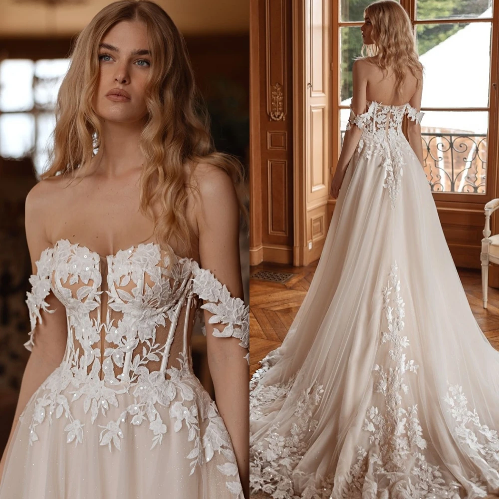 Customized High Quality Tulle Appliques Wedding Dress A-Line Sweetheart Vestido De Novia Classic Off the Shoulder Bridal Gowns