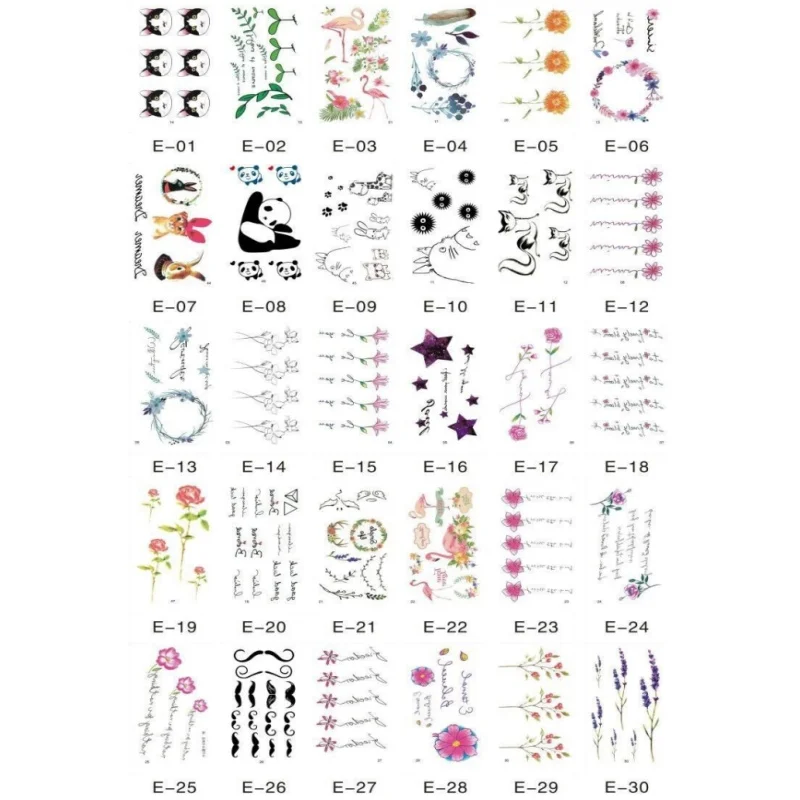 30pcs/set Fake Tattoo Sticker for Girls Kids Watercolor Cute Panda Cat Flower Lavender Temporary Tattoos Party Decor Hand Wrist