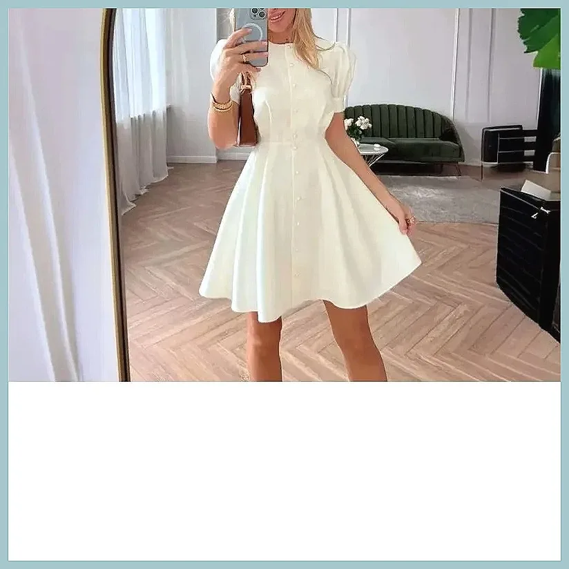 Abito Elegante da Donna in Raso a Linea A con Maniche a Sbuffo, Vita Plissettata e Bottoni con Perle