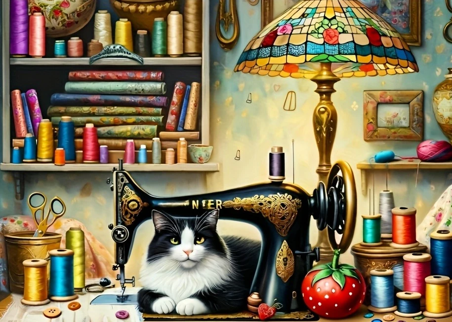 

Пазлы «Кот под швейной машинкой» (500/1000/1200/2000 элементов) – семейные игры для игровой комнаты, спальни, домашнего декора