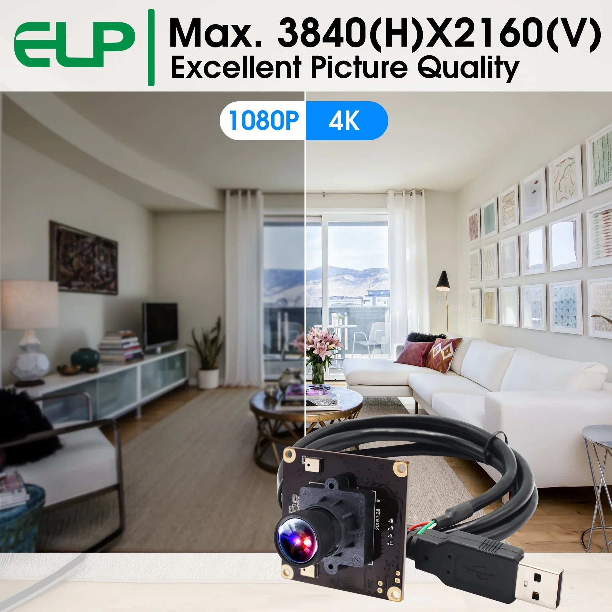 ELP 4K Ultra HD USB Camera Module IMX317 2160P 30fps USB Webcam with 100degree No Distrotion Lens for Document Scan,3D Printer