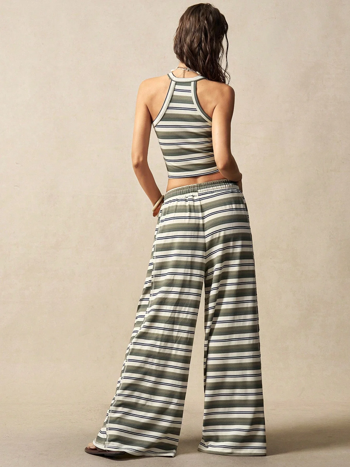 

Boho Striped Knitted Crop Top And Wide Leg Pants Two Piece Set