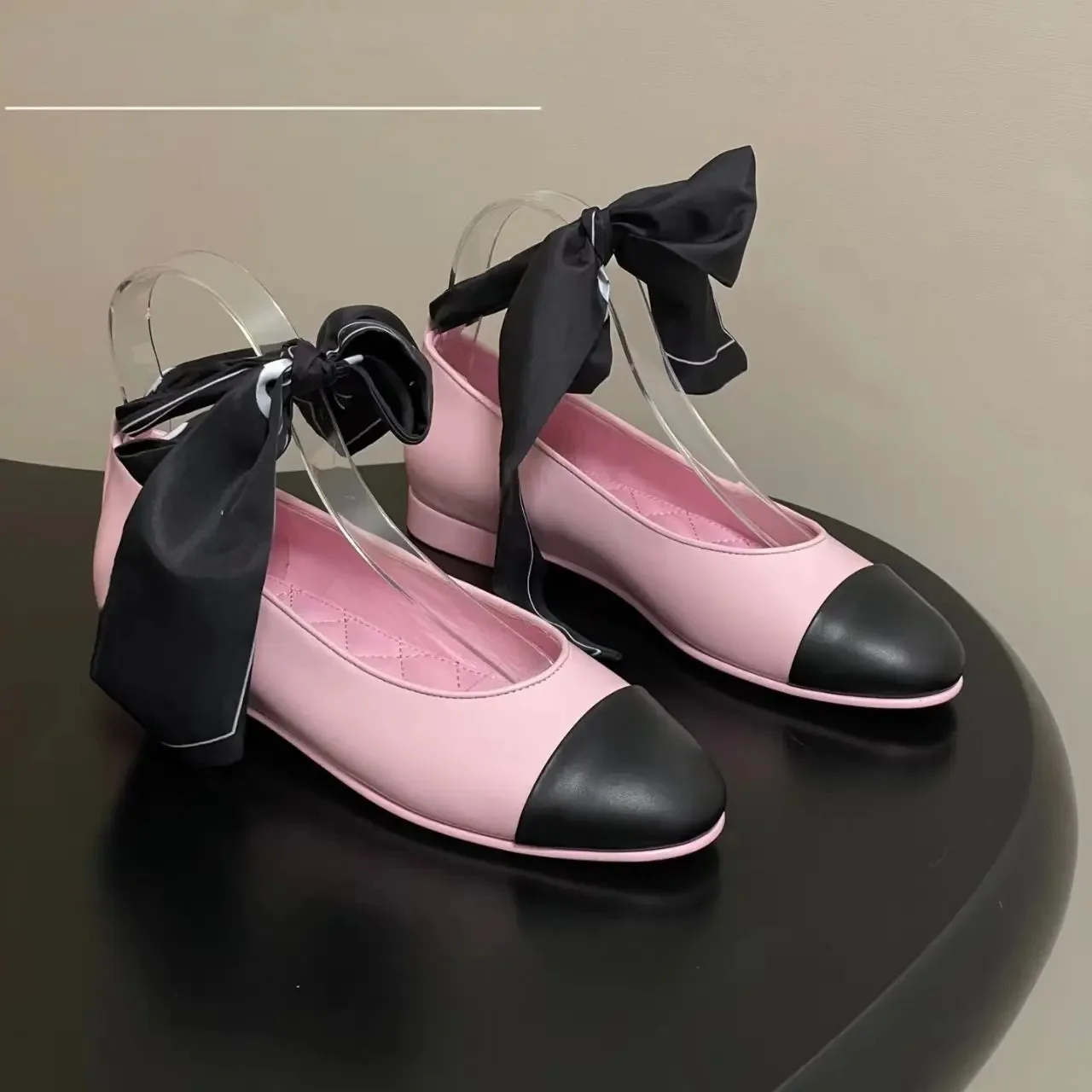 2026 Spring Summer New Women's Sandals Ribbon Decoration Round-Toe Chunky Heel Flat Shoes Genuine Leather Chic Style Botas Mujer