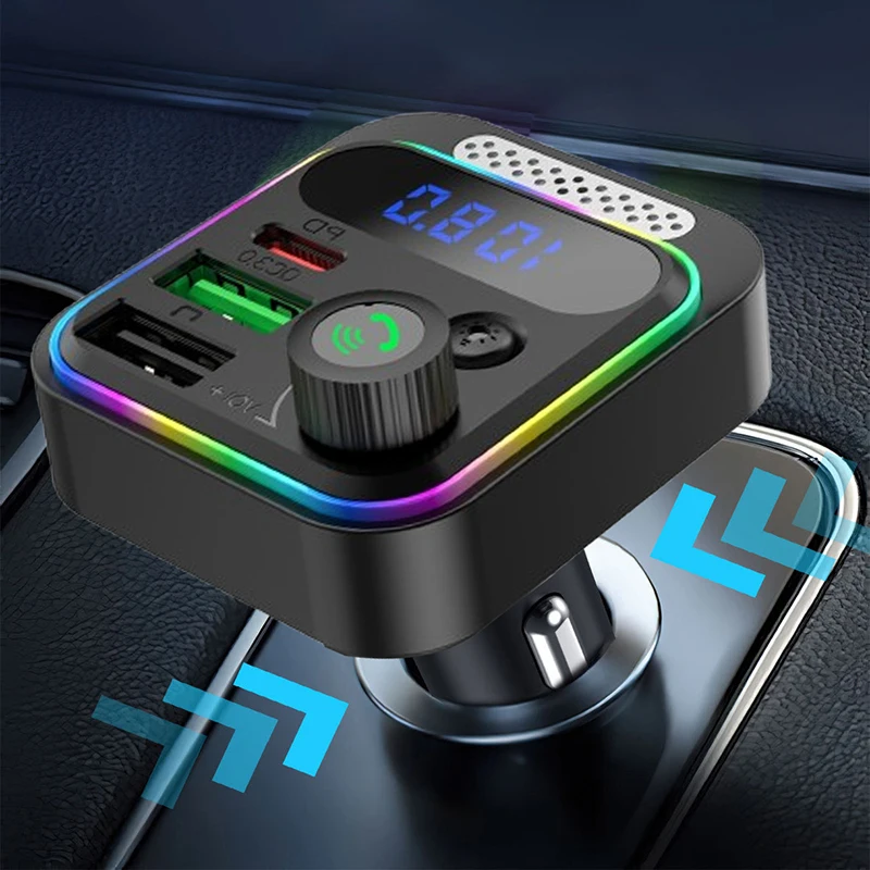 Type-C Car Phone Charger USB-C PD Fast Charging FM Transmitter With RGB Light For Truck Vehicles MP3 Player Bluetooth 5.3