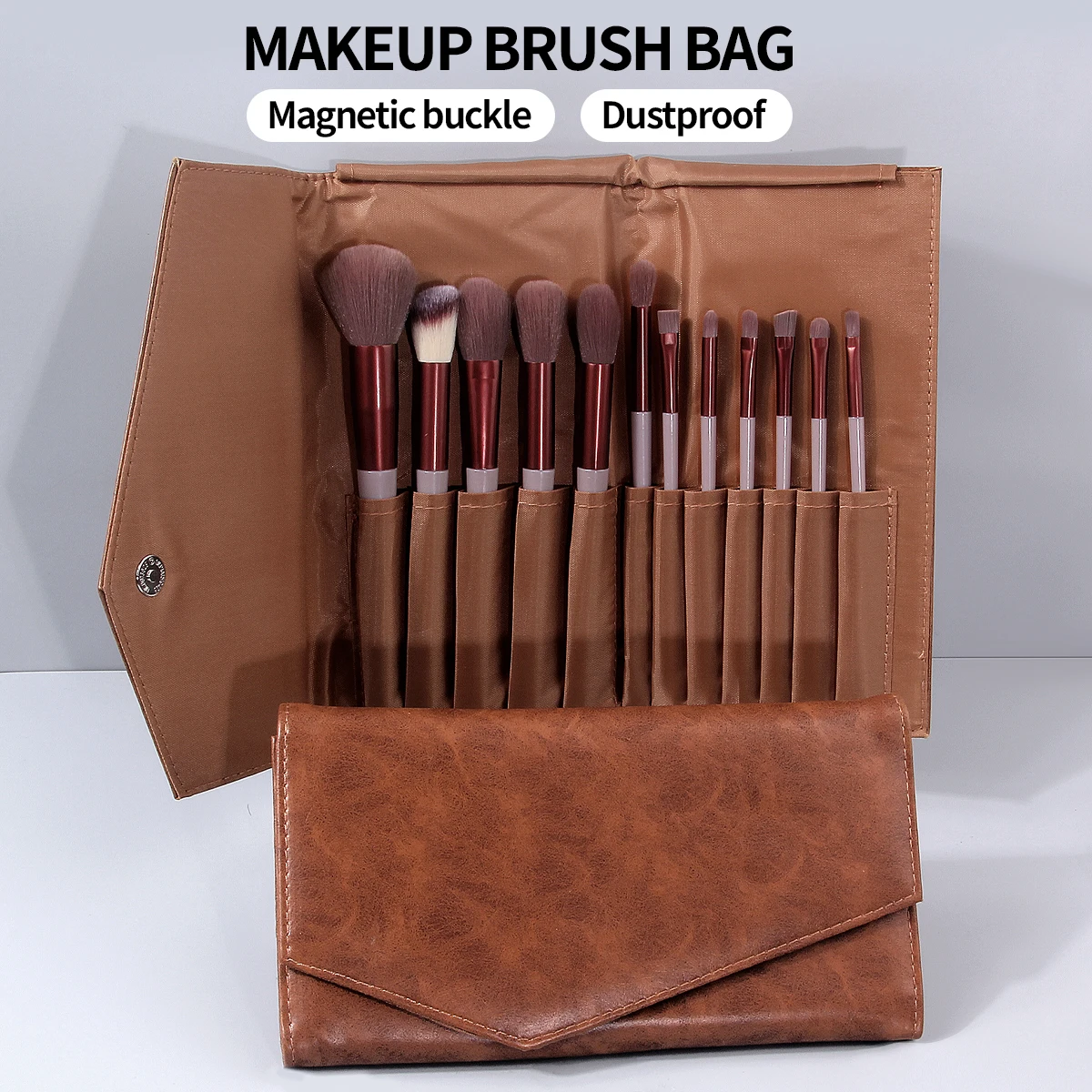 Brown PU Makeup Brush Bag with Magnetic Buckle, Dustproof & Foldable Organizer, Holds Up to 12 for Travel,Portable&Exquisite