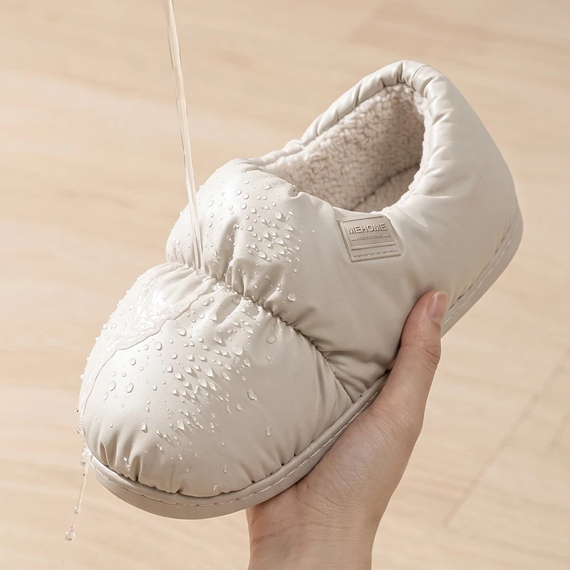 Closed Back House Slippers for Men Women Winter Waterproof Down Fabric Plush Mule Shoes Non-Slip Indoor Fuzzy Fur Slides Unisex