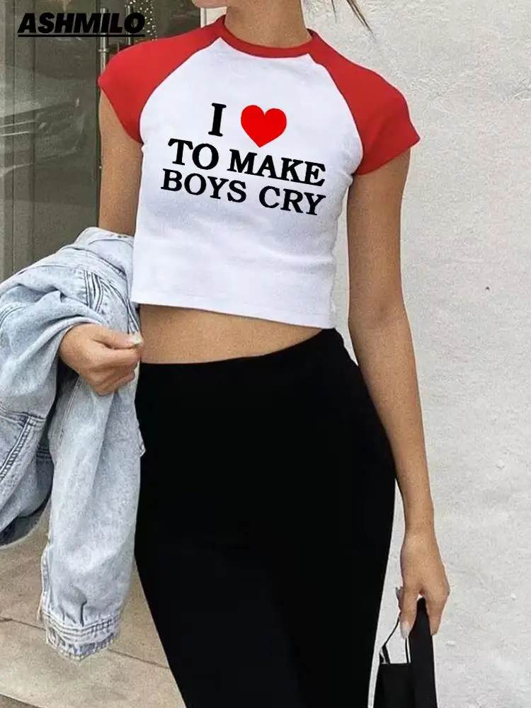 Women Y2k T-shirt I LOVE TO MAKE BOYS CRY Letter Print Korean Harajuku Streetwear Short Sleeve Crop Tops Tees Aesthetic Clothing