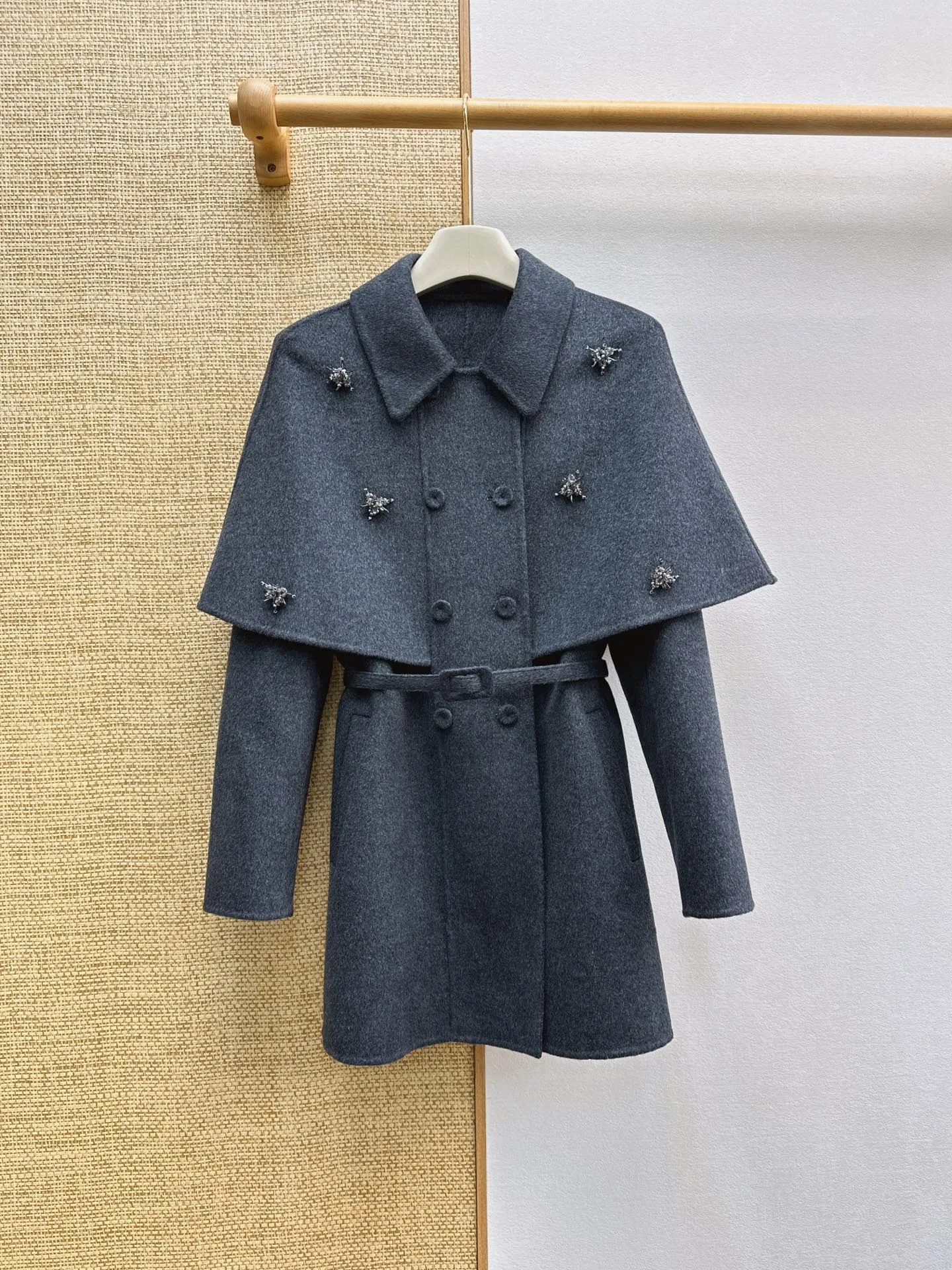 Women Dark Grey Fake Two-piece Cape Double Faced Wool Coat Fall Winter New, Lapel Double Breasted with Belt Outerwear
