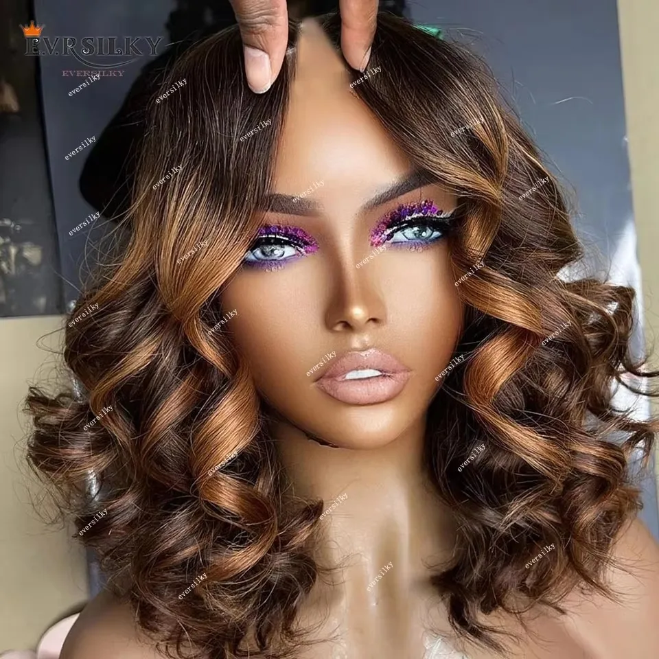 

Highlight Chocolate Balayage Brown Short Bob Wavy V Part Human Hair Loose Deep Curly Wigs Chestnut Blonde U Shape Wig For Women
