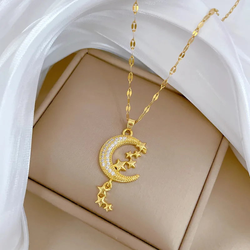 Classic Personality Micro-inlaid Moon Tassel Star Necklace Fashionable Charm Girls All-match Stainless Steel Clavicle Chain