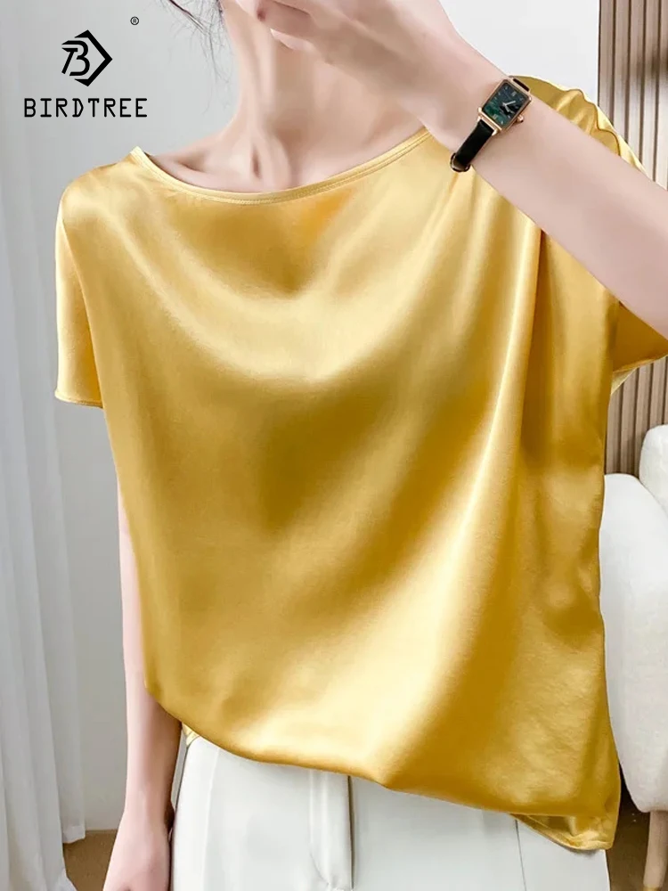 Birdtree Bat Sleeved Solid Elegant O Neck T-Shirt,2024 New Summer Chic Top,19MM 90%Mulberry Silk 10%Spandex Woman Tee T37807QC