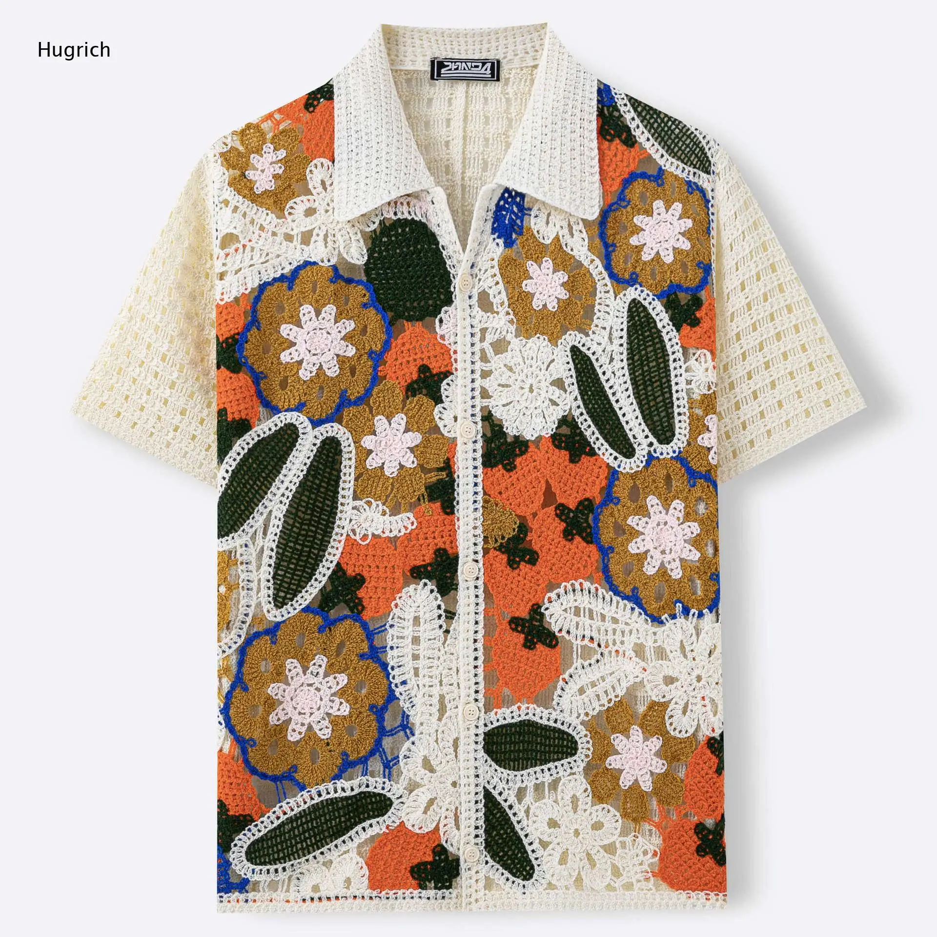Men's Vintage Handmade Floral Crochet Top - Loose Fit Hollow Knit Short Sleeve Button Down Daily Wear Shirt