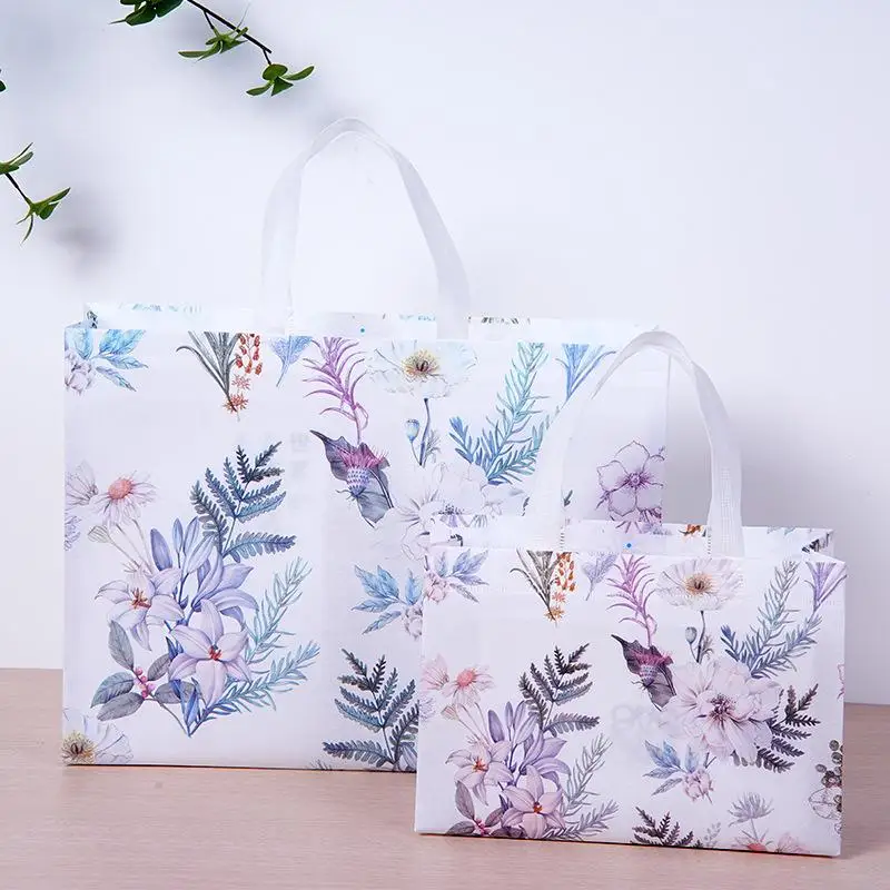 Reusable Shopping Tote Bag Flower Pattern Non-woven Foldable Eco-friendly Lightweight Grocery Bag for Holiday Shopping Use