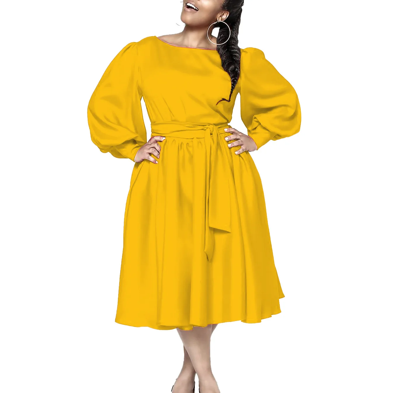 2024 Spring Fashion African Long Sleeve O-neck Blue Yellow Rose Red Polyester Party Evening Midi Dress Dashiki Africa Clothing