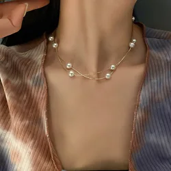 2022 Double Beads Neck Chain Kpop Pearl Choker Necklace Gold Color Goth Chocker Jewelry On The Neck Pendant Collar For Women