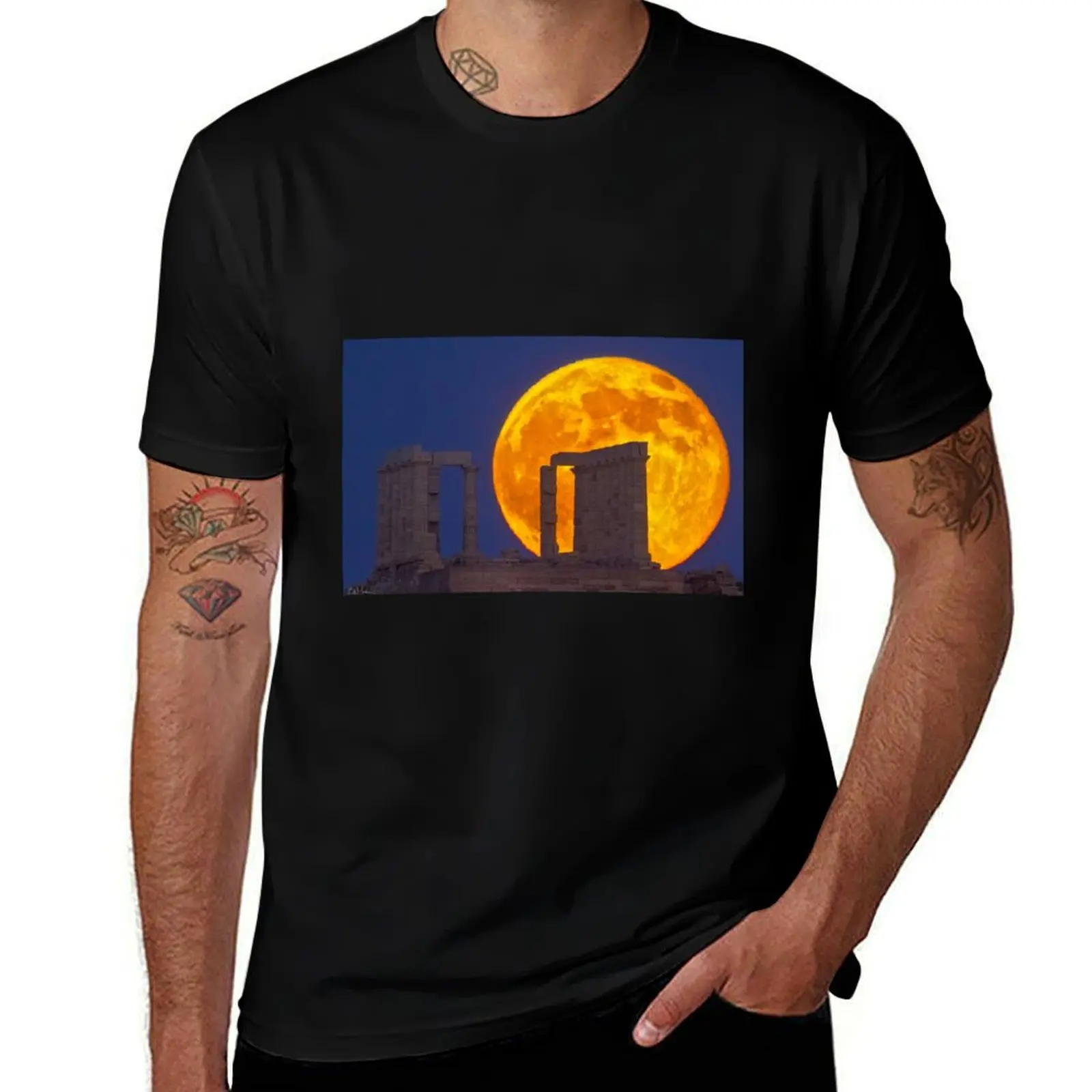 Full Moon & the Temple of Sounion, Athens T-Shirt Basic Casual Wear Short Sleeve Top