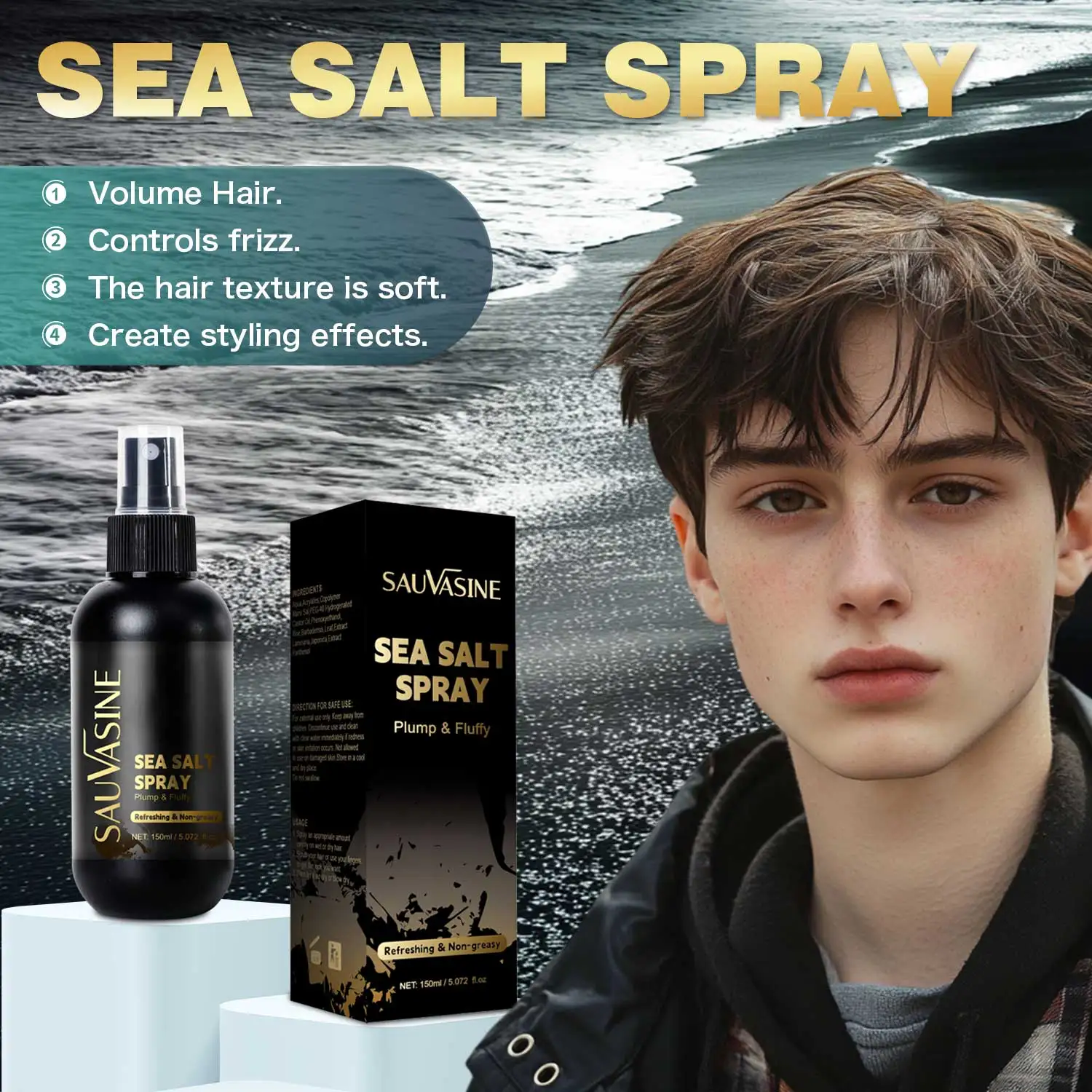 Hair Sea Salt Spray for Long-lasting Styling Add Texture Thickness Volumizing Hair Controls Frizz Repair Damaged Boost Mousse