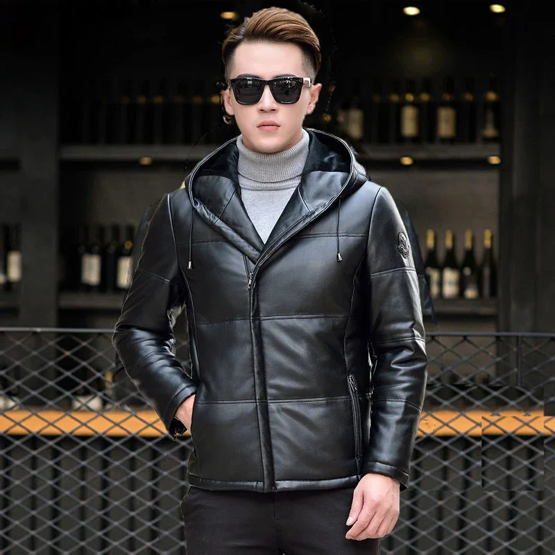 Men's Genuine Leather Down Jacket Man Short Sheepskin Coat Thickened Hooded Slim Fit Korean Luxury Puffer Men